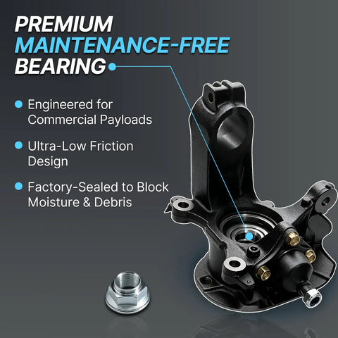Front Right Steering Knuckle With Wheel Hub Assembly And Preinstalled Bearing For Ram ProMaster 1500 2500 3500 showing a premium maintenance-free bearing design.