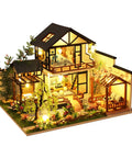 DIY Miniature House Kit With LED Lights, Tiny Bamboo Stream Garden Dollhouse, cozy wooden mini home with realistic courtyard