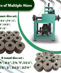 No Fuss Heavy Duty Electric Pipe Bender With 17 Swap Out Cold Roll Dies, showcasing 8 square and 9 round dies for pipe shaping.