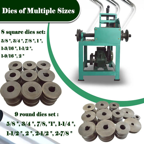 No Fuss Heavy Duty Electric Pipe Bender With 17 Swap Out Cold Roll Dies, showcasing 8 square and 9 round dies for pipe shaping.
