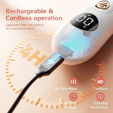 Top Shelf Electric Nail File Kit With Fifteen Speed Settings To Knock Out Stubborn Calluses And Rough Toenails Smooths Fragile Fingernails And Cuticles At Home Without Breaking A Sweat Ideal For Men Women Or Seniors showing the USB charging port and battery display.