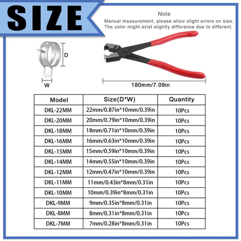 Size chart and pliers from 121 Pcs 12 Size Spring Band Hose Clamps Set 7-22mm Includes Fuel Silicone Vacuum Hose Clips Kit