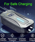 Level 2 Portable EV Charger 7.2kW 32A 1 Phase Adjustable Current 5M Cable With T1 Adapter Compact Black showing safety features.