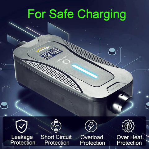 Level 2 Portable EV Charger 7.2kW 32A 1 Phase Adjustable Current 5M Cable With T1 Adapter Compact Black showing safety features.