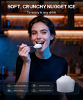 Woman enjoying soft nugget ice from Nugget Ice Maker Countertop With App And Voice Control Self Cleaning Ice Machine 3L Tank