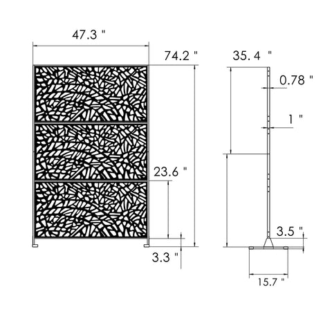 Diagram of Sturdy Metal Privacy Screen 74 Inch High By 47.2 Inch Wide Outdoor Divider with dimensions and side view.