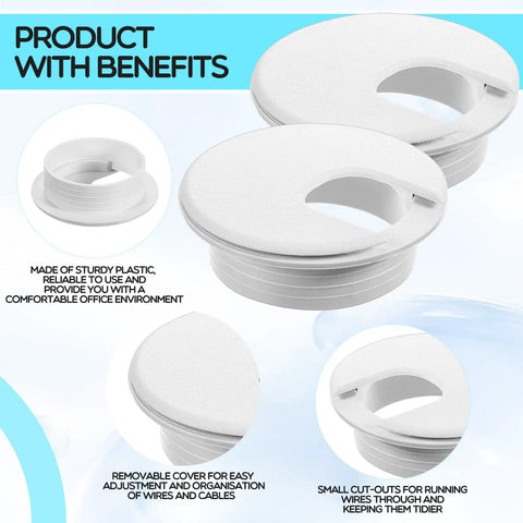 25 Pack 2 Inch Desk Grommets For Dial In Cable Management Sturdy Plastic Cord Hole Covers Keep Your Office Setup Crisp And No Sweat Easy Install Wire Organizers For PC Desks White features removable cover and small cut-outs.