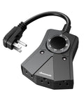 Weatherproof Outdoor Light Timer Featuring Automatic Dusk To Dawn Sensor And Triple Prong Outlet for outdoor lighting setup.