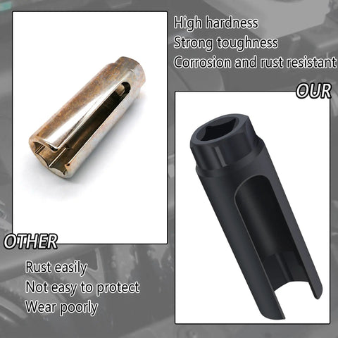 Heavy Duty 7/8 Inch O2 Sensor Socket And Knockout Extractor Tool For Any Domestic Or Import Rides Crafted From Premium Chrome Vanadium Steel, one showing rust and the other sleek design.