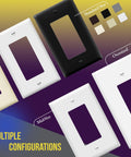 Multiple configurations of durable 2-gang decorator wall plates for light switch and receptacle, various sizes and colors.