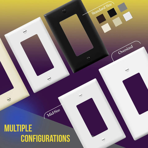 Different configurations of decorator wall plates in various sizes and colors, showing standard, mid, and oversized options.