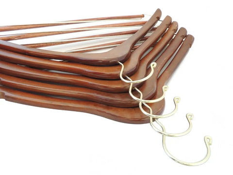 Premium Wooden Hangers Set Of Five Curved Shoulder Hangers With Gold Hooks And Locking Bar Heavy Duty Coat Hanger