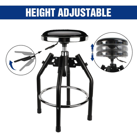 Heavy Duty Adjustable Hydraulic Shop Stool With 360 Degree Swivel For Garage Bar Seating, height adjustable features shown.