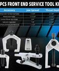 Heavy Duty 5 In 1 Ball Joint Separator And Pitman Arm Puller Kit With Tie Rod End Remover, tools laid out with specifications.