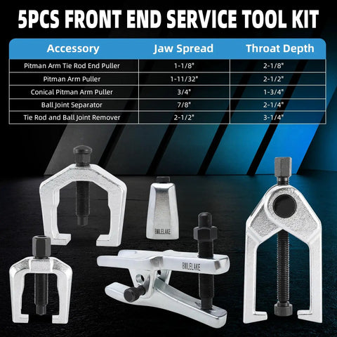 Heavy Duty 5 In 1 Ball Joint Separator And Pitman Arm Puller Kit With Tie Rod End Remover, tools laid out with specifications.