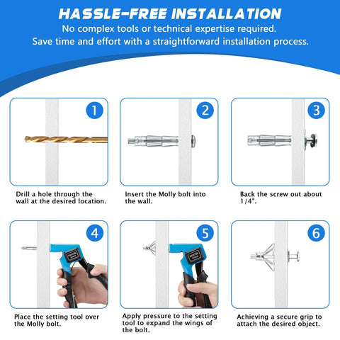 Installation steps for Heavy-Duty Molly Bolts For Drywall And Plaster Walls Kit, Hollow Wall Anchors Set, using setting tool.