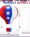 20 Pack July 4th Decor Set Red White Blue Hot Air Balloon Lanterns For Outdoor Patriotic Party Independence Day Yard Decor Reusable Paper Lanterns Perfect For Memorial Day Festivities And Epic Porch Celebrations, single red white blue balloon with stars, 12 inches, folded expander with hook beside it.