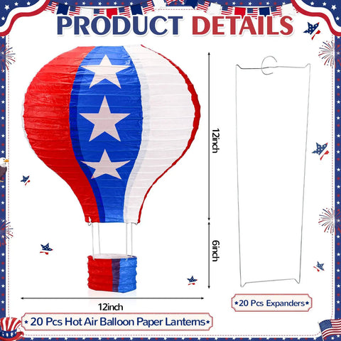 20 Pack July 4th Decor Set Red White Blue Hot Air Balloon Lanterns For Outdoor Patriotic Party Independence Day Yard Decor Reusable Paper Lanterns Perfect For Memorial Day Festivities And Epic Porch Celebrations, single red white blue balloon with stars, 12 inches, folded expander with hook beside it.