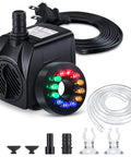 Submersible Fountain Pump With Bright LED Lights 220 GPH 15W, shown with tubing and accessories, for aquariums and ponds.