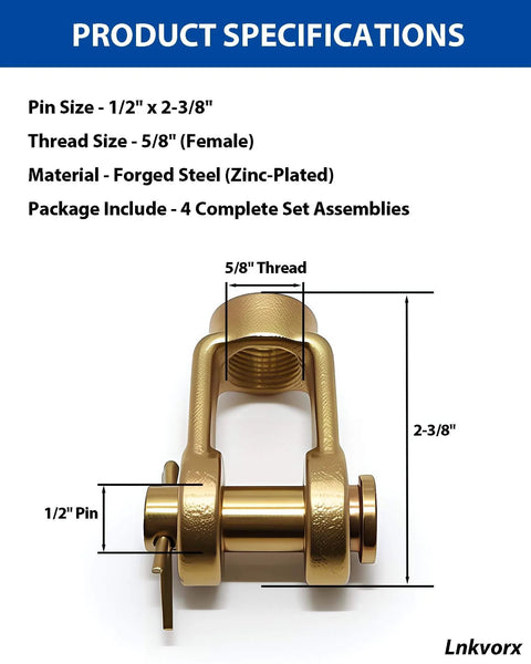 4 Pack Slack Adjuster Clevis Pin Kit with a Half Inch Pin and Five Eighths Thread Forged Brake Yoke Set for Type 20 24 30