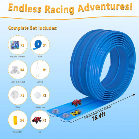 Flexible 16Ft Race Track Set With Roll Up Storage And Six Diecast Cars For One Sixty Four Scale Play Setup components