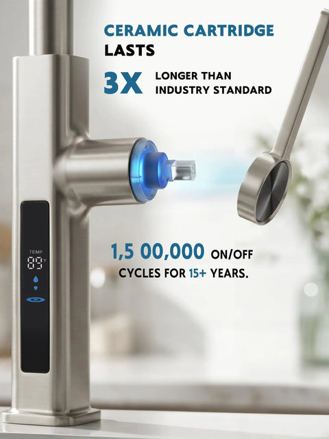 Touchless Pull-Out Kitchen Faucet with 6 Water Outlet Modes, Hands Free Motion Sensor Activated, Battery-Free Temperature Display, KF2209-PRO (Brushed Nickel) ceramic cartridge detail.
