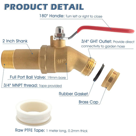 Three Quarter Inch MNPT Full Port Brass Water Heater Drain Valve With Two Inch Shank And 180 Degree Handle Garden Hose Adapter Replacement Parts For Fast Easy Drain And Leak Free Performance, labeled diagram with features