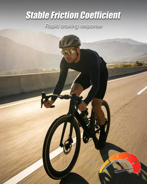 Cyclist on road illustrating Metal Brake Pads For EB26 Ares 2 V9-G60 S8 S6 Electric Bikes, 2 Pairs, beefed up braking.