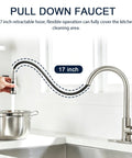 Heavy Duty Kitchen Faucet With Slick Pull Down Sprayer, Lead Free Stainless Steel Sink Tap, Pro Level Ceramic Cartridge, No Sweat Installation, Three Quick Switch Spray Modes For Easy Daily Use, 17 inch retractable hose in use over pot.