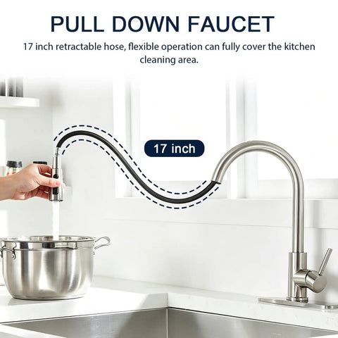 Heavy Duty Kitchen Faucet With Slick Pull Down Sprayer, Lead Free Stainless Steel Sink Tap, Pro Level Ceramic Cartridge, No Sweat Installation, Three Quick Switch Spray Modes For Easy Daily Use, 17 inch retractable hose in use over pot.