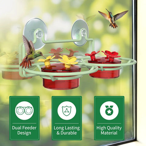 Window Hummingbird Feeder With Strong Suction Cups, Metal Base, Two 2-Ounce Reservoirs, Six Bee-Proof Feeding Ports, Glass