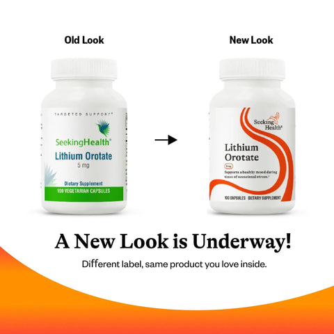 Comparison of old and new look of 100 vegetarian capsules of Lithium Orotate Brain Health Mineral Supplement For Focus And Memory Boost.