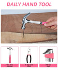 Pink 40 Piece Girly Tool Set For Women With Durable Chrome Vanadium Hand Tools In A Sturdy Plastic Toolbox Perfect For Home Repairs Garage Projects Dorm Room DIY And Everyday Fixes, showing a pink-handled hammer being used on wood, pliers, and hex key set.