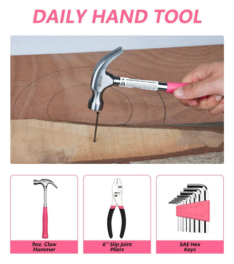 Pink 40 Piece Girly Tool Set For Women With Durable Chrome Vanadium Hand Tools In A Sturdy Plastic Toolbox Perfect For Home Repairs Garage Projects Dorm Room DIY And Everyday Fixes, showing a pink-handled hammer being used on wood, pliers, and hex key set.