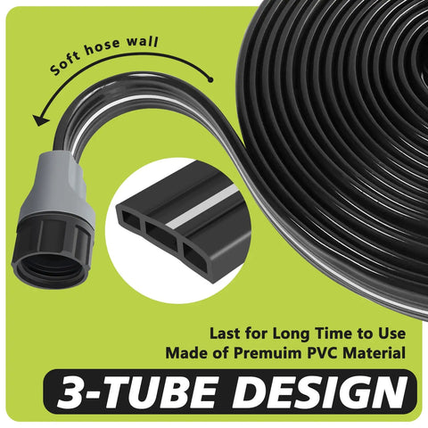 Close-up of Flat Soaker Hose With Holes 50 Ft For Lawn And Garden Watering, 3 Tube Sprinkler Hose Kit With End Caps, PVC material.