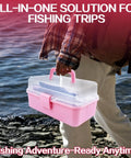 Person holding Three Layer Pink Fishing Tackle Box With Tackle Included An All In One Gear Kit Including Pliers Lip Gripper Digital Scale