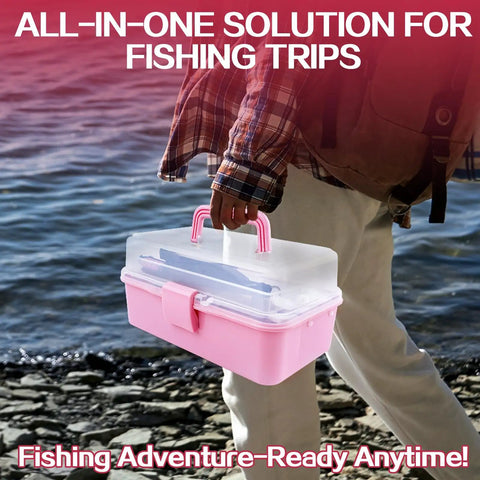Person holding Three Layer Pink Fishing Tackle Box With Tackle Included An All In One Gear Kit Including Pliers Lip Gripper Digital Scale