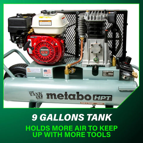 The Tank XL 9-Gallon Gas Wheelbarrow Air Compressor With Honda GX200 Engine, featuring Metabo HPT design in green frame