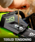 Smooth Operator 40 Volt Cordless Electric Chainsaw With 14 Inch Guide Bar And Brushless Motor Tool Only showing tool tensioning adjustment.