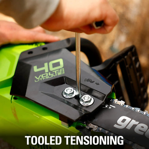 Smooth Operator 40 Volt Cordless Electric Chainsaw With 14 Inch Guide Bar And Brushless Motor Tool Only showing tool tensioning adjustment.