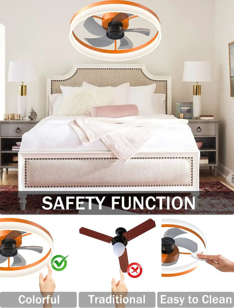 Ceiling Fan With Lights Dimmable LED Remote Control Timing 5 Reversible Blades Flush Mount Low Profile Design in bedroom