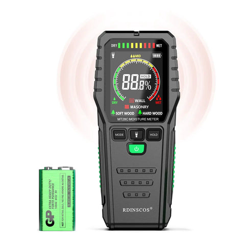 Pinless Moisture Meter Noninvasive Digital Wood Moisture Tester Water Leak Detector with black case and battery displayed