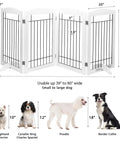 Free Standing Foldable Wire Dog Gate With Four Panels Extra Wide 80 Inch Span And 30 Inch Tall Safety Fence For Doorways Stairs And Rooms Includes Support Feet White, displayed with size chart including West Highland White Terrier and Border Collie.