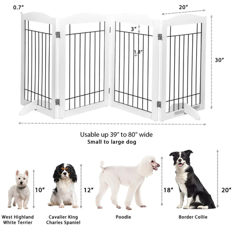 Free Standing Foldable Wire Dog Gate With Four Panels Extra Wide 80 Inch Span And 30 Inch Tall Safety Fence For Doorways Stairs And Rooms Includes Support Feet White, displayed with size chart including West Highland White Terrier and Border Collie.