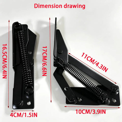 Dimension drawing of Heavy Lifter 90 Degree Bench Seat Hinge Pair Built Straight Up Tough For Toy Box Lid Support And Cabinet Doors Featuring Smooth Foldable Lifting Bracket Crafted From Cold Rolled Steel In Glossy Black.