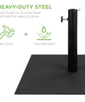 Beefy 38.5 Pound Steel Umbrella Base Square Weighted Patio Stand For Outdoor Backyard Market Umbrellas Sun Shade With Tightening Knob And Anchor Holes Black showing heavy-duty steel construction and rust resistance