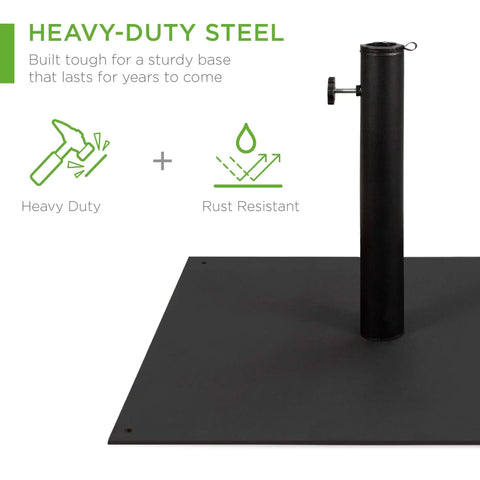 Beefy 38.5 Pound Steel Umbrella Base Square Weighted Patio Stand For Outdoor Backyard Market Umbrellas Sun Shade With Tightening Knob And Anchor Holes Black showing heavy-duty steel construction and rust resistance