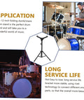 Heavy Duty Adjustable Height Snare Drum Rack With Slick Black Alloy Finish And Detachable Base For Rock Solid Performance On Any Standard Folding Tripod Stands in use with drummers and drums.