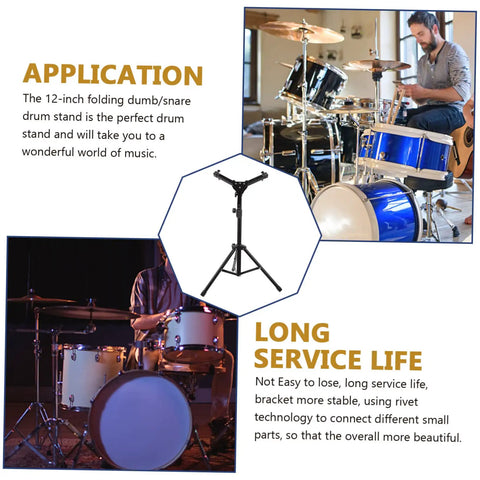 Heavy Duty Adjustable Height Snare Drum Rack With Slick Black Alloy Finish And Detachable Base For Rock Solid Performance On Any Standard Folding Tripod Stands in use with drummers and drums.