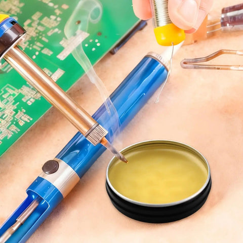 10g No Clean Solder Flux Paste Yellow Wetting Formula For Electronics Soldering Improves Weldability And Insulation Leaves Minimal Residue With Low Smoke Odor Free Solder Grease For DIY Hobbyists And Pros in metal tin with soldering tools